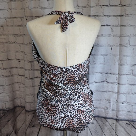 One Piece Halter Bathing Suit V Neck Leopard Print Size XL - Picture 2 of 9